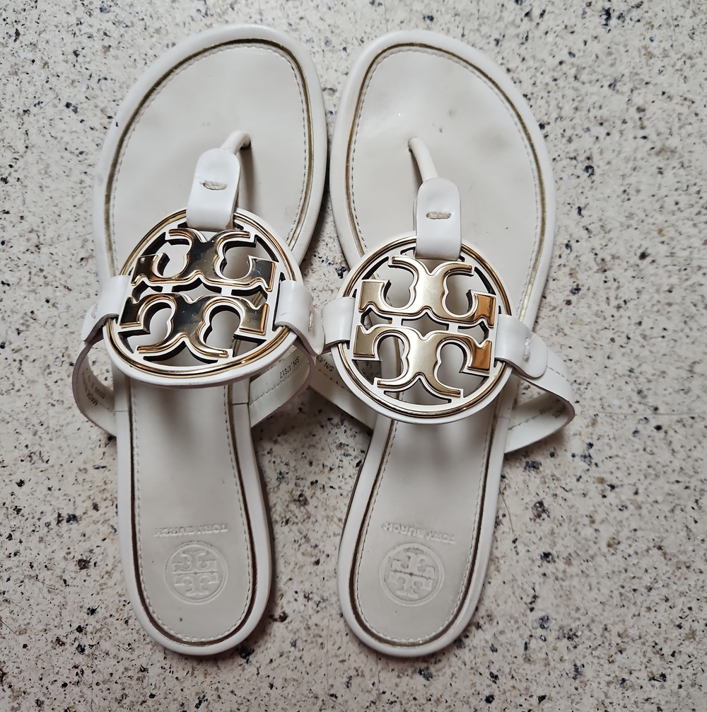 Tory Burch White Gold Miller Logo Thong Sandals